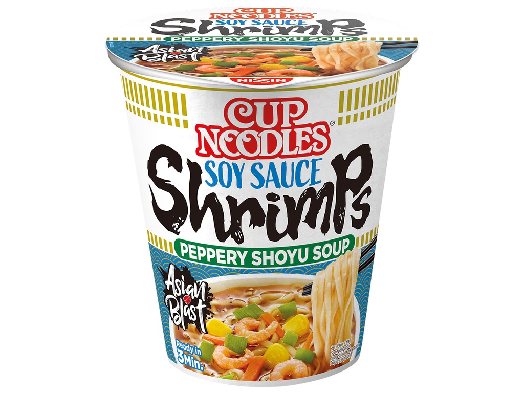 [222] NISSIN soijakastike katkarapu-nuudelit 63 g.