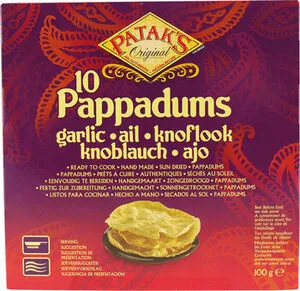 [1834] PATAK'S Pappadums valkosipuli 15 cm. 100 g.